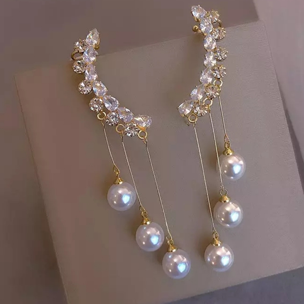 Rhinestone Pearl Cuff Dangle Earrings